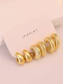 6/18件男士纯金耳环套装，包含花朵、圆形扭纹、心形、水滴形、编织形、多种C形设计，低过敏性厚金耳环，时尚优雅，适合日常佩戴、派对和送礼。 - 金色 - 查看 9