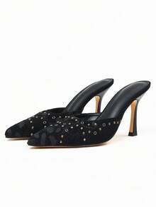 Sandalias de tacón de aguja con tachuelas y hebilla para mujer, con punta puntiaguda, sin cordones, para fiesta - Negro 2 - Ver 7