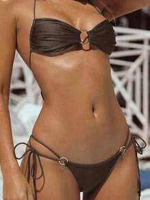 Bộ bikini màu nâu trơn thời trang mới, gợi cảm, thích hợp cho mùa hè đi biển dành cho nữ, áo ngực buộc dây cổ và quần bikini hai mảnh, bộ bikini đi nghỉ mát. - Cà phê nâu - Xem 5