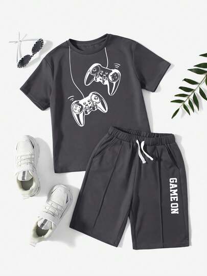 Tween Boy Video Game Graphic Round Neck Short Sleeve T-Shirt And Drawstring Waist Shorts Casual Daily Outfit