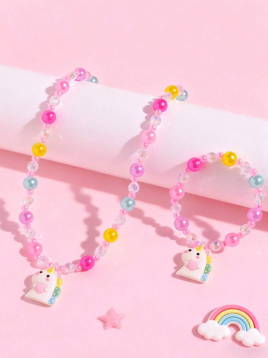 2pcs/Set Girls' Cute Unicorn Pendant Beaded Necklace & Bracelet Set, Princess Jewelry Accessories Gift, Suitable For Casual Daily Wear And Party, Random Color - one-size - View 1