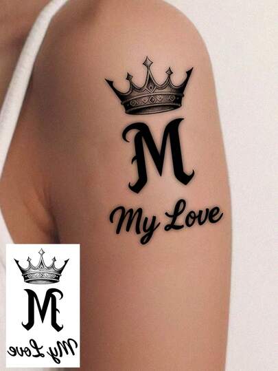 1张ins风花冠字母“M My Love”临时纹身贴纸，防水手臂假纹身设计，个性化情侣纪念纹身贴纸，适合人群
