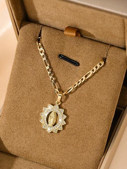  1pc Classic European & American Style Copper Inlaid Zirconia Virgin Mary Guadalupe Pendant Necklace, Limited Edition, Suitable For Christmas/Thanksgiving/Halloween/Mother's Day/Valentine's Day Gifts, Catholic First Communion, Daily & Holiday Wear, Prayer