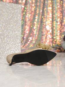 女士金色亮片欧根纱蝴蝶结尖头细高跟穆勒凉鞋，优雅夏季派对鞋 - 金色 - 查看 5