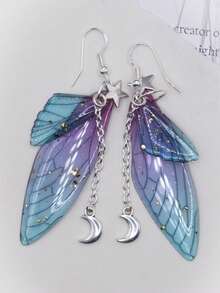 1 Pair Green Fairy Wing & Star Pendant Earrings, Suitable For Fairy, Vintage, Goblin, Countryside Forest, Witch, Starry Sky Styles - Multicolor - View 10