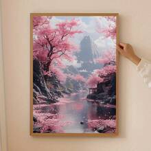 1幅帆布墙画，带框墙画，樱花河景海报，粉色樱花风景墙画，日式春日自然风光画，春季家居装饰，春季装饰品，房间装饰美学，宿舍装饰，卧室装饰，客厅装饰，浴室装饰，厨房装饰，公寓装饰，办公室装饰 - A - 查看 7