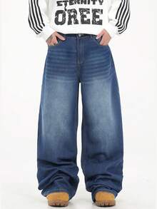 1件 Justice Brother 男士宽松水洗牛仔休闲阔腿牛仔裤（不含腰带/配饰） - 寶藍色 - 查看 7