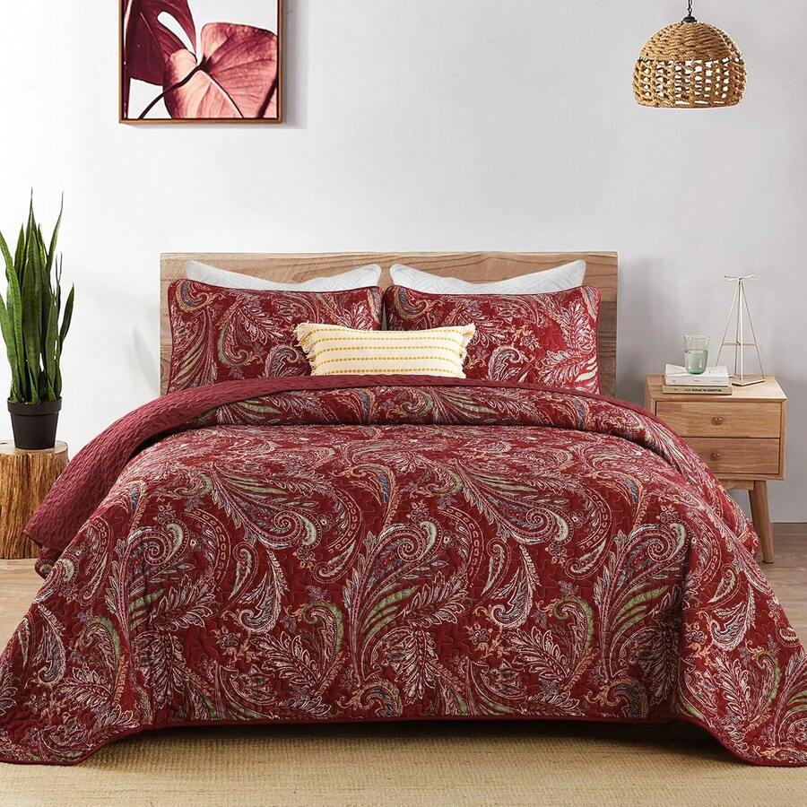 3 Pieces Boho Quilt Set Queen King Size, Red Paisley Pattern Bedspread Coverlet Set, Lightweight Microfiber Bohemian Bedding Set For Wedding Items, Valentines Day Home Bed Room Decor, Mothers Day Gift, All Season - RED 02 - 查看 1