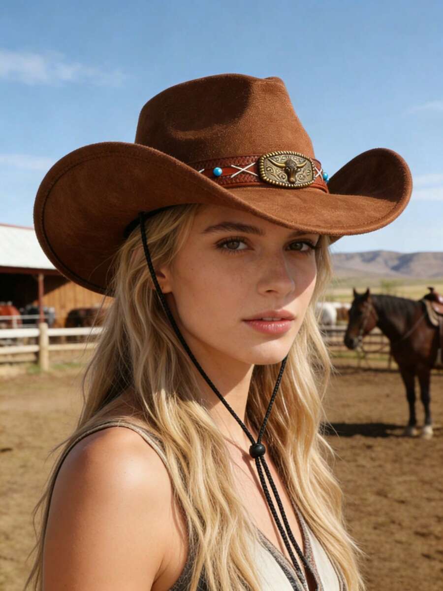 Suede Cowboy Hat With Bull Head Decoration Western Style Unisex For Parties Outdoor Riding And Western Theme Events - Xx Bull Head Sapphire Top Hat - View 1