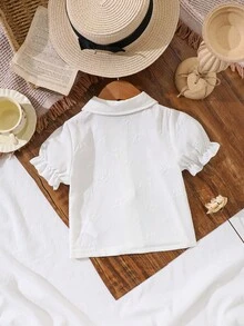 女童玫瑰提花领单排扣荷叶边下摆短袖优雅衬衫 - 白色 - 查看 3