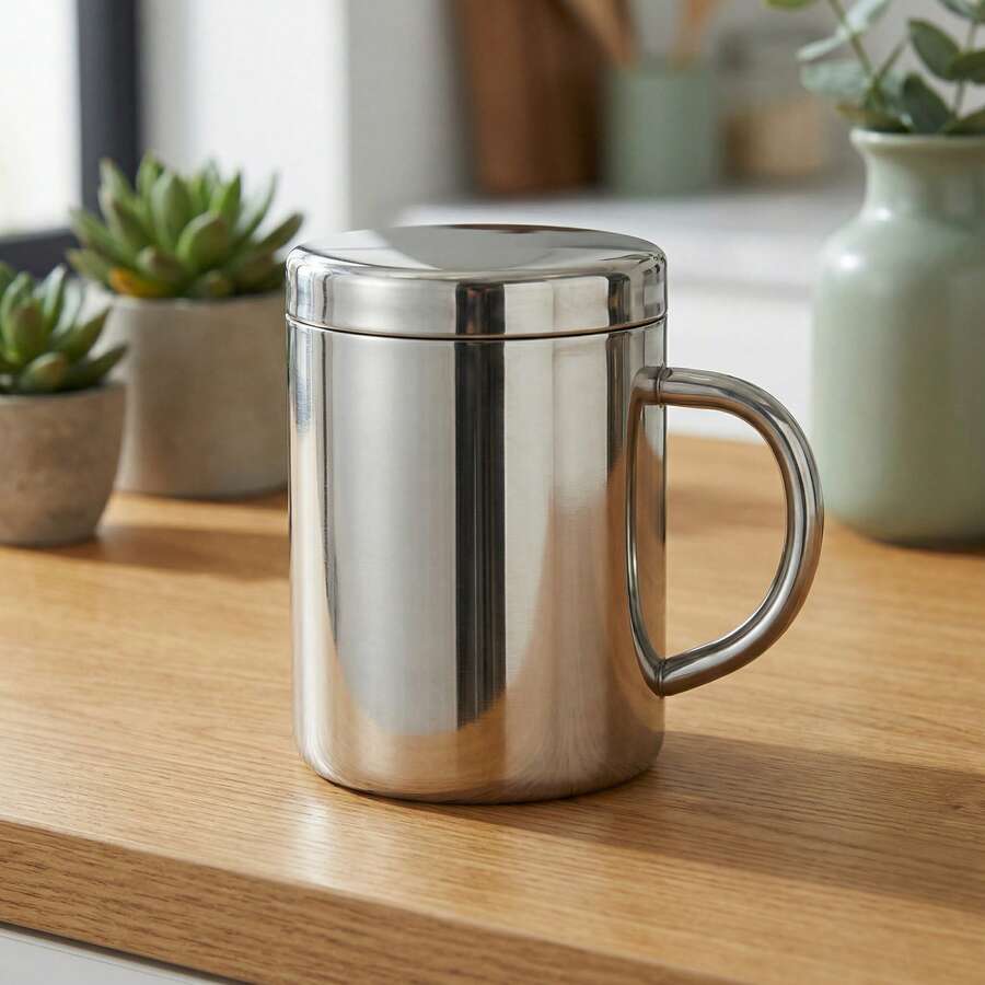1pc Stainless Steel Mug With Lid And Handle, Anti-Drop Drinking Cup, Home Office Kitchen Restaurant Coffee Tea Cup, Double-Wall Insulated Dust-Proof, Reusable Multi-Size 304 Mug, Summer Winter Drinkware, Gift