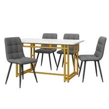 Gold Dining Table And Chairs Set (120 X 70 Cm), Modern Style, Dark Grey Linen Chairs, Gold Iron Legs. - Grey - View 4