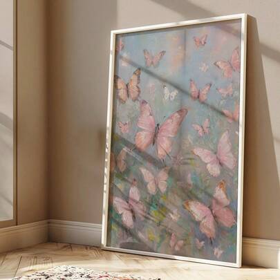 1pc Blush Pink Butterfly Wall Art Picture Soft Pastel Prints Canvas Paintings Dreamy Floral-Inspired Butterfly Posters Romantic Feminine Wall Decor For Bedroom, Living Room, Nursery Room Decor Gift For Her Unframed Or Framed