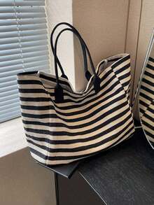 Simple Stripe Design Tote Bag For Girls Women Canvas Shoulder Bag Ladies Shopping Bags High Quality Handbags School Tote Bag, Portable, Foldable, Business Casual, Suitable For Teen Girls Women College Students, Teacher, Rookies & White-Collar Workers College, Vacation, Beach, Holiday, Shopping, School Handbag, School Bookbag, Back To School Bags, Large Capacity, Lightweight, Classic Casual, Perfect For Back To School, First Day Of School, Holiday, Tote Bags For School, College Essentials , Teacher Gift ,Vacation Essentials , Beach Bag, Vacation - 黑與白 - 查看 6