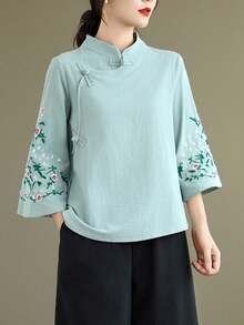 LUCIDVUE 1 chiếc áo kiểu Trung Quốc thêu dành cho nữ, trang phục mùa xuân/hè, họa tiết thêu tinh xảo kiểu Trung Quốc cổ điển, cổ tàu, cài cúc phía trước, áo sơ mi vải lanh, tay áo loe thanh lịch, kiểu Hanfu cải tiến, thích hợp cho tiệc trà, kỳ nghỉ. - Màu xanh bạc hà - Xem 4