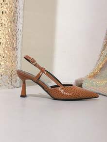 2026 Summer Elegant Romantic Brown Mid-Heel Pointed Toe Slingback Sandals, Minimalist Commuting Slingback Heels For Women - Brown - View 5