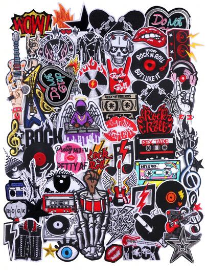 20pcs/30pcs/50pcs Random Punk Style Embroidered Patches, Skull & Flaming Guitar, Retro Cassette Tape Elements, Personalized DIY Decorative Fabric Stickers