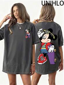 Disney UNIHLO  Mickey  Printed Summer Heavyweight Retro Washed Street Fashion Casual T-Shirt - Black - View 1
