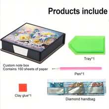 1pc DIY Diamond Art Butterfly Flower Pattern, Asymmetrical Crystal Embedded Painting On Black Faux Leather Self-Adhesive Memo Pad Box With 160 Sheets, Ideal For Home Office And School Supplies, Craft, Cute Stationery, Holiday Gift - View 7