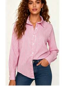 Steve Store Women's Fashion Striped Long-Sleeved Button-Down Shirt, Elegant And . - Rosa 02 - Ver 1