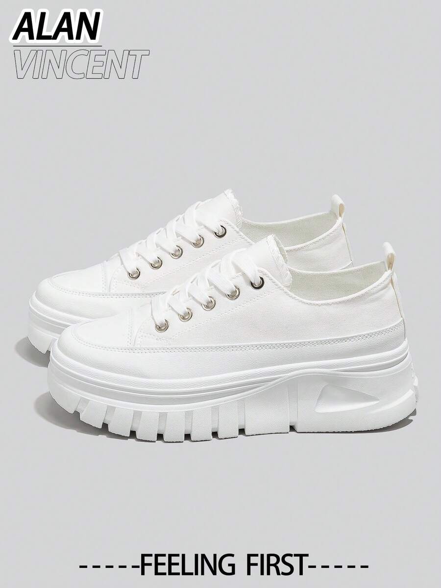 Alan Vincent [帆布鞋系列] 2025新款白色低帮运动鞋，女士厚底休闲帆布鞋，舒适时尚