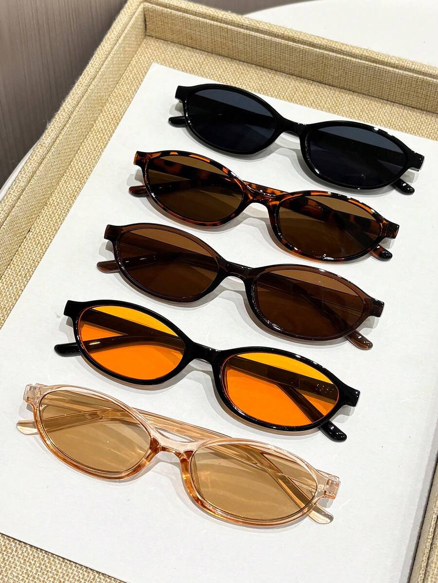 5 Pairs Women's Multicolor Cat Eye Plastic Full Frame Glasses, Fashionable & Versatile For Daily Life, Vacation, Outdoor Activities And More - Bộ 5 món trà, cam và sâm panh in họa tiết da báo đen. - Xem 1