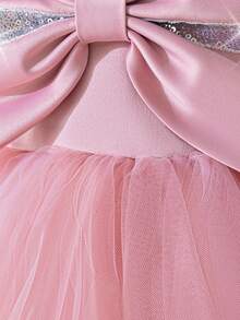 女童泡泡袖亮片蝴蝶结多层薄纱缎面优雅生日派对礼服，适合花童、婚礼、正式场合，不含头饰 - 藕粉色 - 查看 8