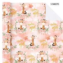 5/10 Sheets Baby Girl Wrapping Paper,28.5*42cm Baby Wrapping Paper, Cute Giraffe And Baby Girl Lettering Design, Perfect For Baby Shower, Party, Holiday - Multicolor - View 8