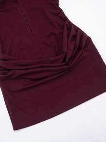 Elegant Party Mini Dress, Women's Deep V-Neck Long Sleeve Fitted Style, Button Front, Wine Red Knit Fabric With Stretch Spring - Purple - View 10