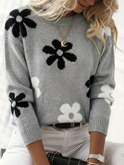 Women's Ditsy Floral Crew Neck Drop Shoulder Long Sleeve Casual Loose Pullover Sweater, Suitable For Autumn/Winter Vacation