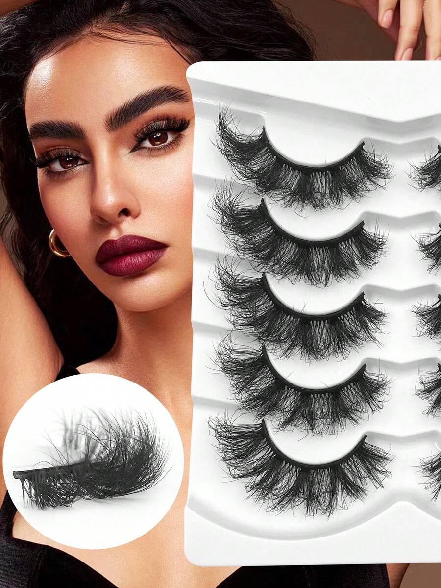 ENCHUW 5 Pairs Full False Lashes Fluffy Faux Mink Lashes 3D Soft Dramatic Long Fake Lashes Thick Volume Eyelashes - Cat Eye Lashes - View 1