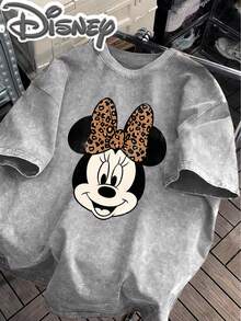 Disney Minnie Mouse Retro Old Wind Leopard Bow Head Creative Printing Design  Oversized Fashion Old T-Shirt 2026 Spring And Summer Round Neck T-Shirt Style Retro Fashion Lovers Popular Style Old Round Neck T-Shirt. - Xám - Xem 2