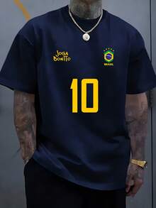 Men'S Retro Brazil Soccer Jersey  Legendary Number 10, Crew Neck Short Sleeve T-Shirt, Casual Soccer Fan Apparel, Perfect For Daily & Casual Wear,Unisex Casual Short Sleeve Tee,Unisex Casual Short Sleeve Tee - 黑色 - 查看 4