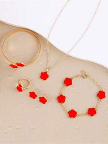 5pcs Set Lucky Clover Design Necklace Earrings Bracelet And Ring - 紅色的 - 查看 4