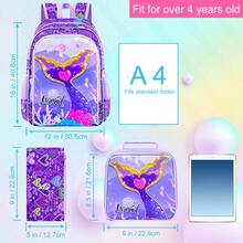 3PCS Mermaid Backpack, 16" Girls Bookbag With Lunch Box, Kids Elementary Prechool Toddler Shool Bag - Purple - View 3