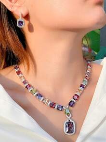 1 Set Gorgeous Big Rainbow Colorful Square Cubic Zirconia Dangle Pendant Necklace And Earrings, Wedding Silver Plated CZ Jewelry Set For Bridal Engagement Banquet Party, Gift For Women, Ladies, Girlfriends, Wife, Mother - Multicolor - View 4