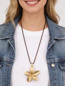 1 件时尚简约多层不对称圆形吊坠长项链女士 - 金黃色合金花 - 查看 2