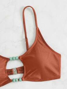 Hollow Design Solid Color Beaded Hollow Camisole Bikini Set Vacation Beach Summer - Brown - View 10