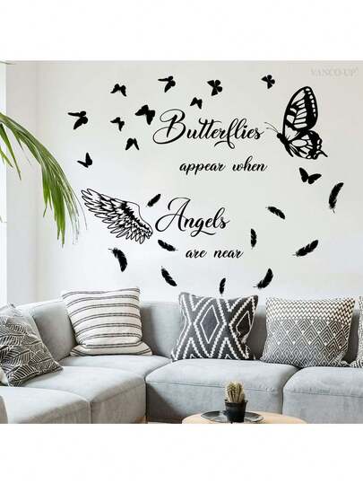 1片创意英文羽毛蝴蝶墙贴，灵感源于自然，采用自粘可移除PVC材质，适用于客厅或卧室墙面，优雅的羽毛蝴蝶墙贴，时尚家居装饰，可撕除，瞬间将普通墙面变成优雅的视觉焦点。