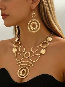 2pcs Exaggerated Geometric Asymmetrical Metal Hoop Necklace And Earrings Set, For Women Party, Banquet And Daily Wear - Yellow Gold - View 1
