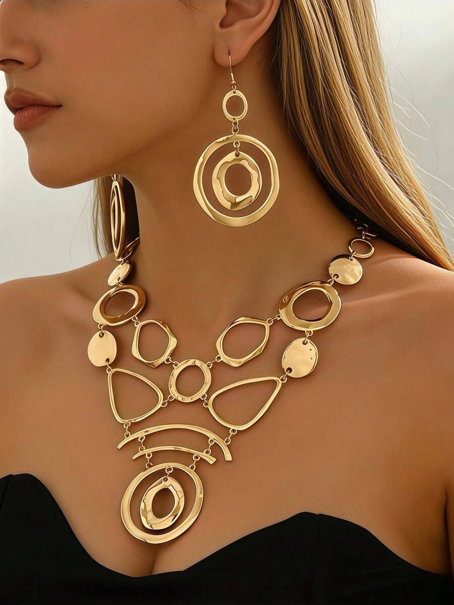 2pcs Exaggerated Geometric Asymmetrical Metal Hoop Necklace And Earrings Set, For Women Party, Banquet And Daily Wear - Yellow Gold - View 1