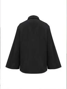 女士优雅纯色休闲翻领长袖衬衫，涤纶面料，适合办公室和日常穿着，春夏黑色 - 黑色 - 查看 2