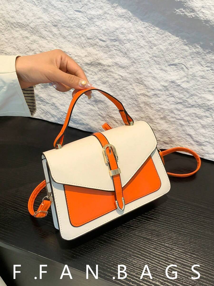 轻便商务休闲迷你方包，优雅黑色顶部提手翻盖PU皮革，适合少女、女性、大学生、年轻职业人士和上班族，完美适用于办公室、大学、工作、商务、通勤、户外活动、旅行和徒步旅行。 - 橘色 - 查看 1