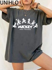 Disney UNIHLO  MICKEY AND FRIENDS  Printed Summer Heavyweight Retro Washed Street Fashion Casual T-Shirt - màu đen - Xem 1