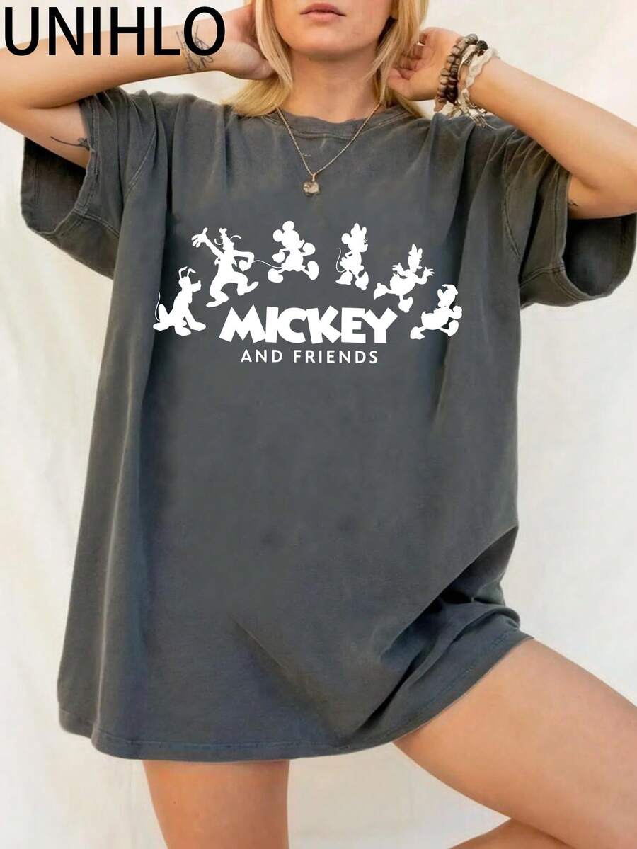 Disney UNIHLO  MICKEY AND FRIENDS  Printed Summer Heavyweight Retro Washed Street Fashion Casual T-Shirt - màu đen - Xem 1