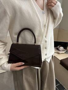 新款亮面手提包，晚宴包，链条肩带小方包 - 咖啡棕 - 查看 4