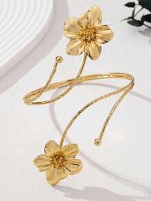 1pc Fashionable Floral Arm Cuff Bracelet, Elegant Design Suitable For Summer Beach, Wedding, Party - Vàng 4 - Xem 3