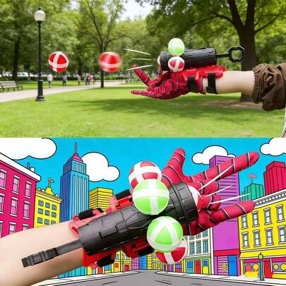 9件套蜘蛛网球发射器，互动玩具带靶子，蜘蛛英雄射击玩具，儿童腕式发射器，含6个随机颜色粘性球，室内/室外家庭趣味益智玩具，儿童节/生日礼物（男孩女孩皆宜），派对礼品