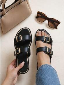 Sandalias planas con doble hebilla - Negro - Ver 3