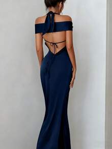 Women's Sexy Elegant Halter Neck Fitted Dress With Button Details, Mermaid Evening Gown, Backless Tie Strap Dress, Beach Cocktail Party Dress, Club Party Dress, Christmas Dress, Valentine's Day Dress, Wedding Bridesmaid Dress - Navy Blue - View 2